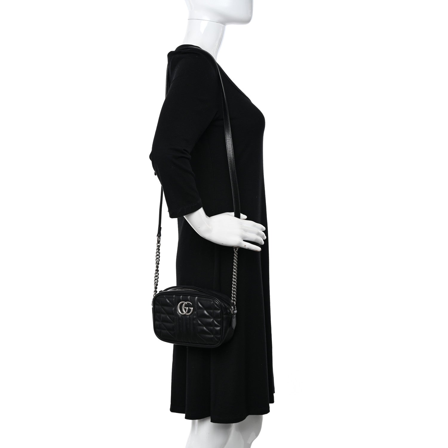 Gucci Calfskin Matelasse Aria Mini GG Marmont Chain Shoulder Bag Black 2 of 13