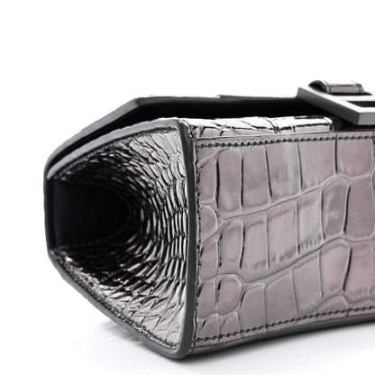 Balenciaga Metallic Shiny Calfskin Crocodile Embossed Hourglass Top Handle Bag XS Gunmetal 12 of 15