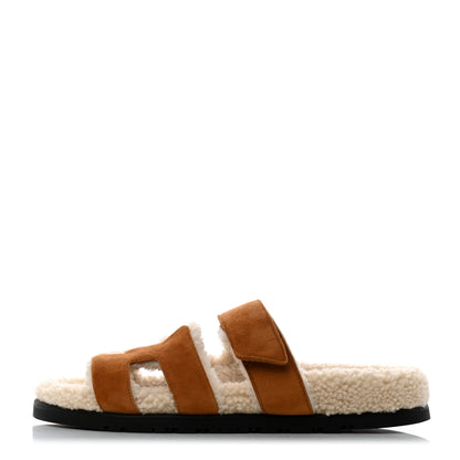 Hermes Suede Goatskin Woolskin Womens Chypre Sandals 38 Brun Fume Ecru 1 of 9