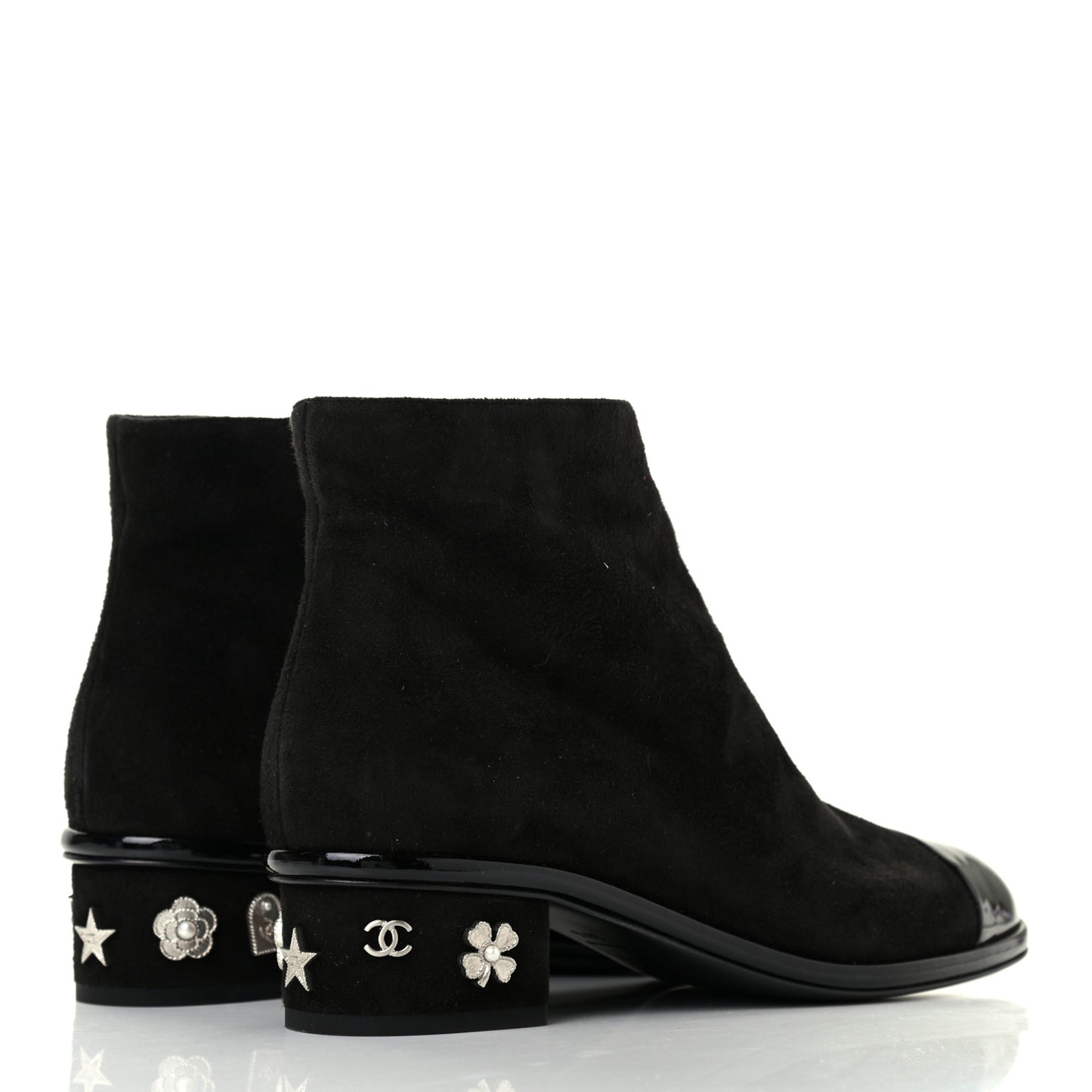 Kid Suede Patent Calfskin Charm Cap Toe Short Boots 38.5 Black