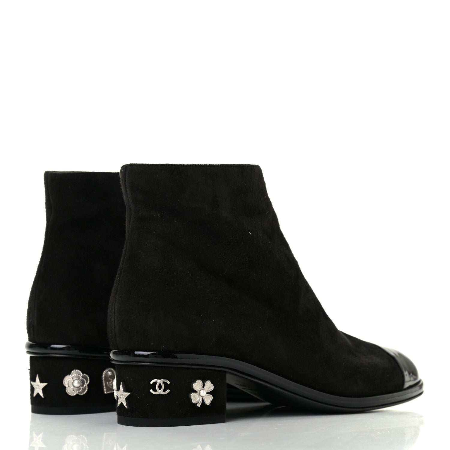 Chanel Kid Suede Patent Calfskin Charm Cap Toe Short Boots 38.5 Black 4 of 8