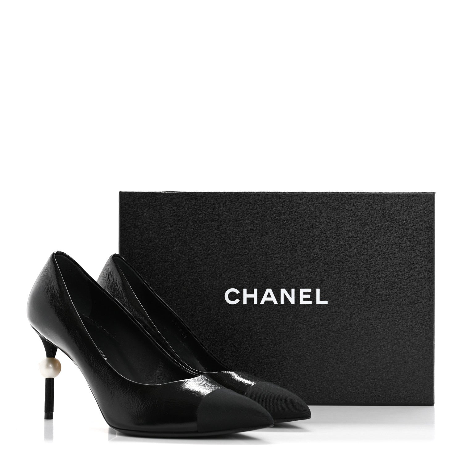Chanel Shiny Calfskin Grosgrain Cap Toe CC Pearl Pumps 38.5 Black 10 of 10