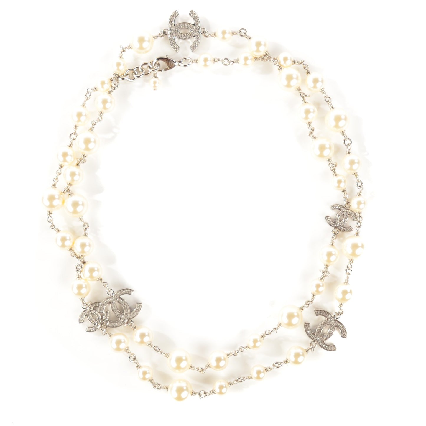 Crystal Pearl CC Long Necklace Silver
