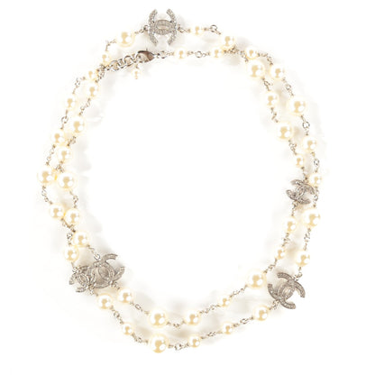 Chanel Crystal Pearl CC Long Necklace Silver 1 of 6