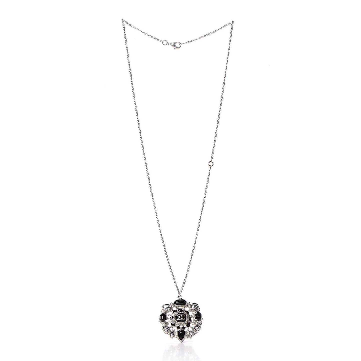 Gripoix Poured Glass CC Pendant Necklace Black Silver