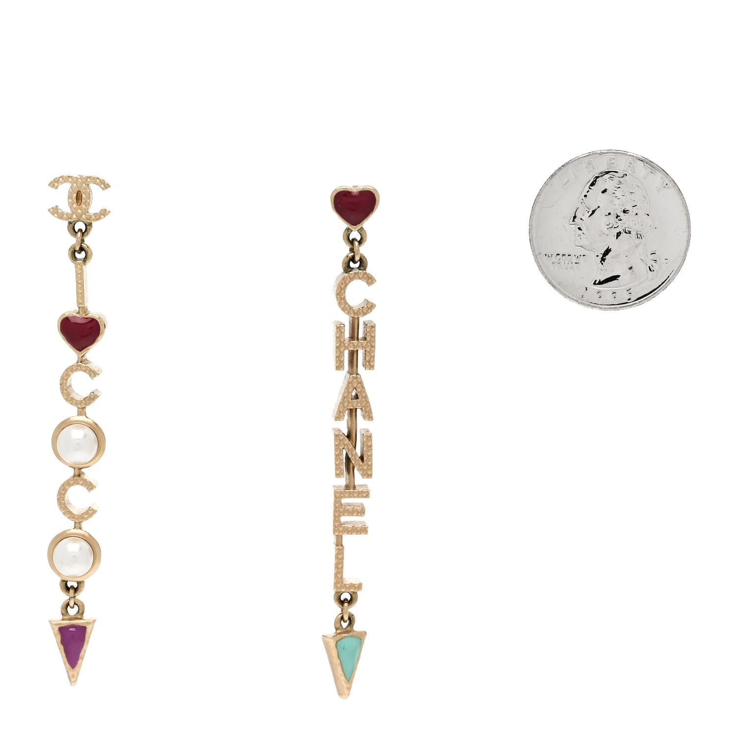 Chanel Pearl Enamel Logo Long Drop Earrings Gold 2 of 5