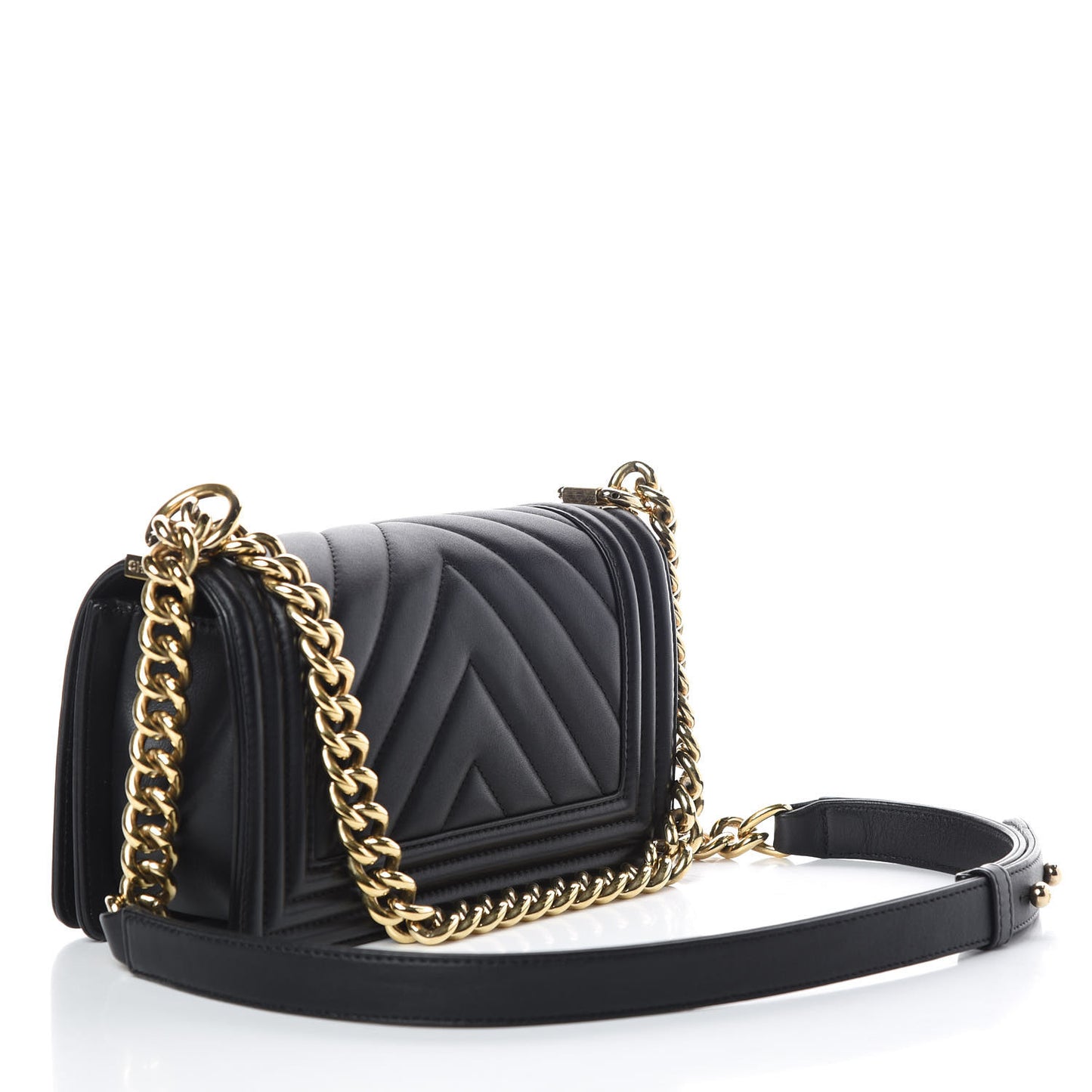 Calfskin Chevron Quilted Small Boy Flap Black