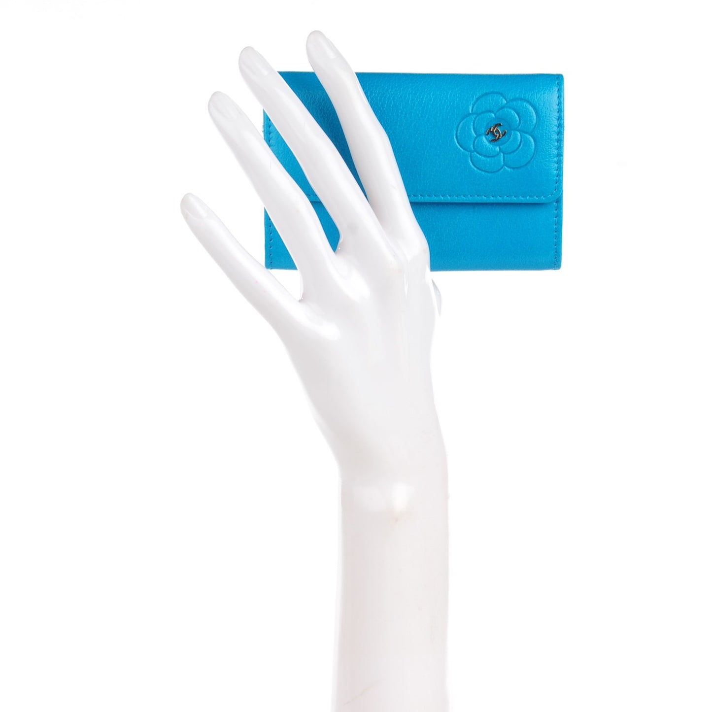 Goatskin Camellia Embossed Flap Card Holder Wallet Turquoise