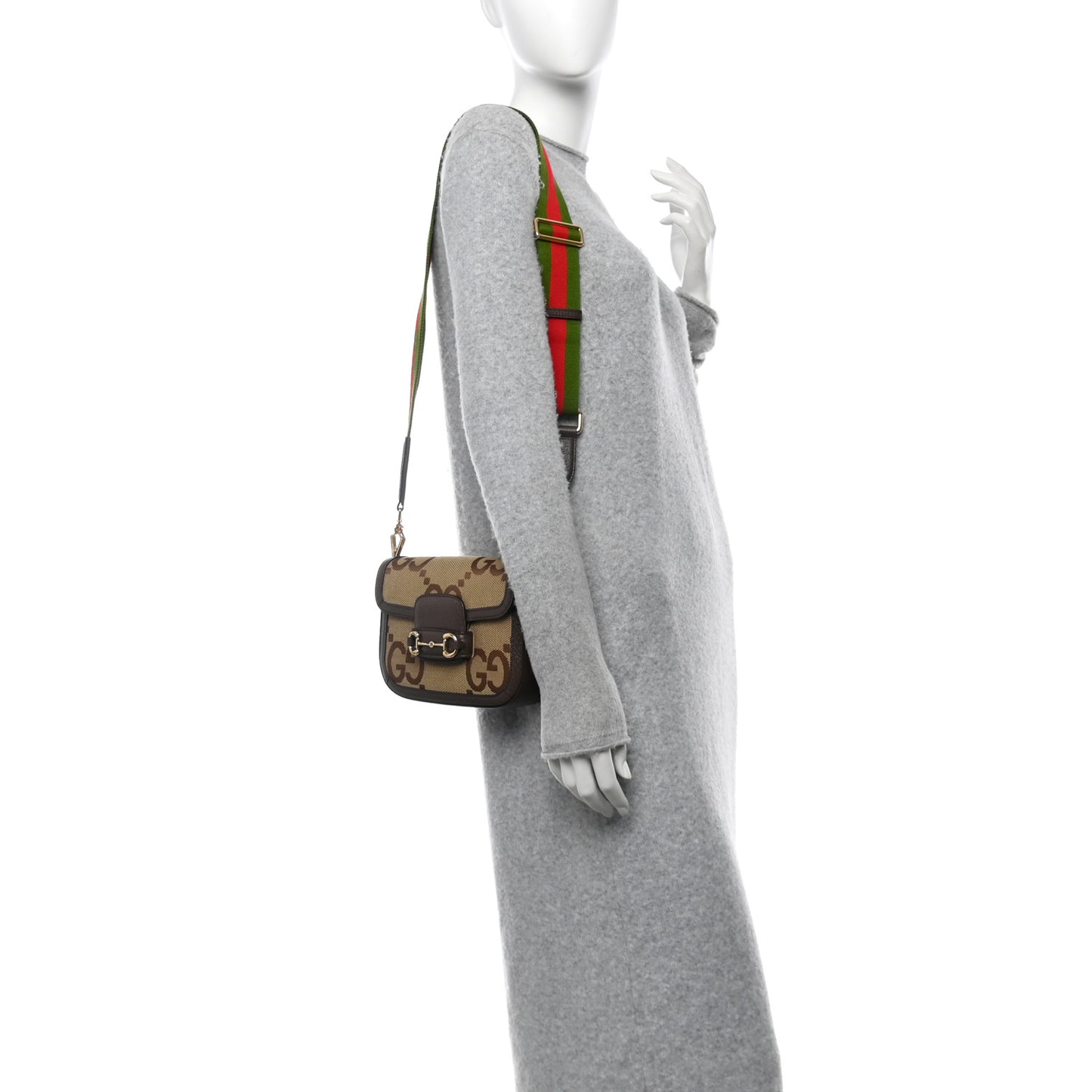 Monogram Jumbo GG Textured Dollar Calfskin Web Mini Horsebit 1955 Shoulder Bag Camel Ebony New Acero