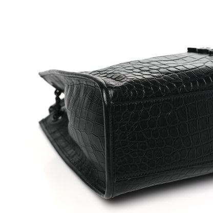 Saint Laurent Calfskin Crocodile Embossed Monogram Medium Niki Shopping Bag Black 8 of 9