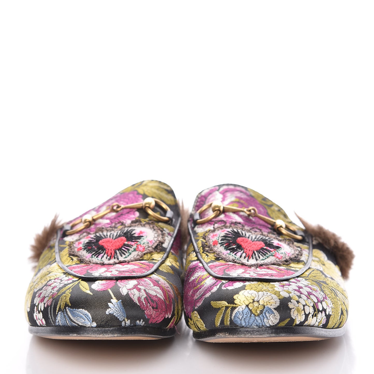 Jacquard Fur Floral Embroidered Womens Princetown Slippers 38.5 Black Multicolor
