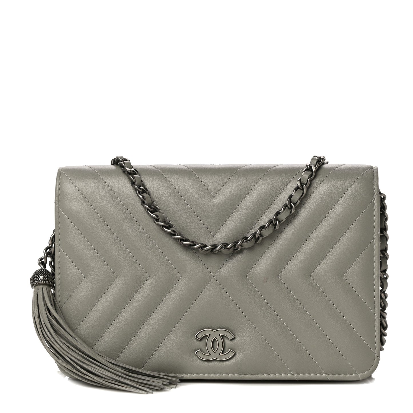 Calfskin Diagonal Chevron Quilted Tassel Wallet On Chain WOC Grey