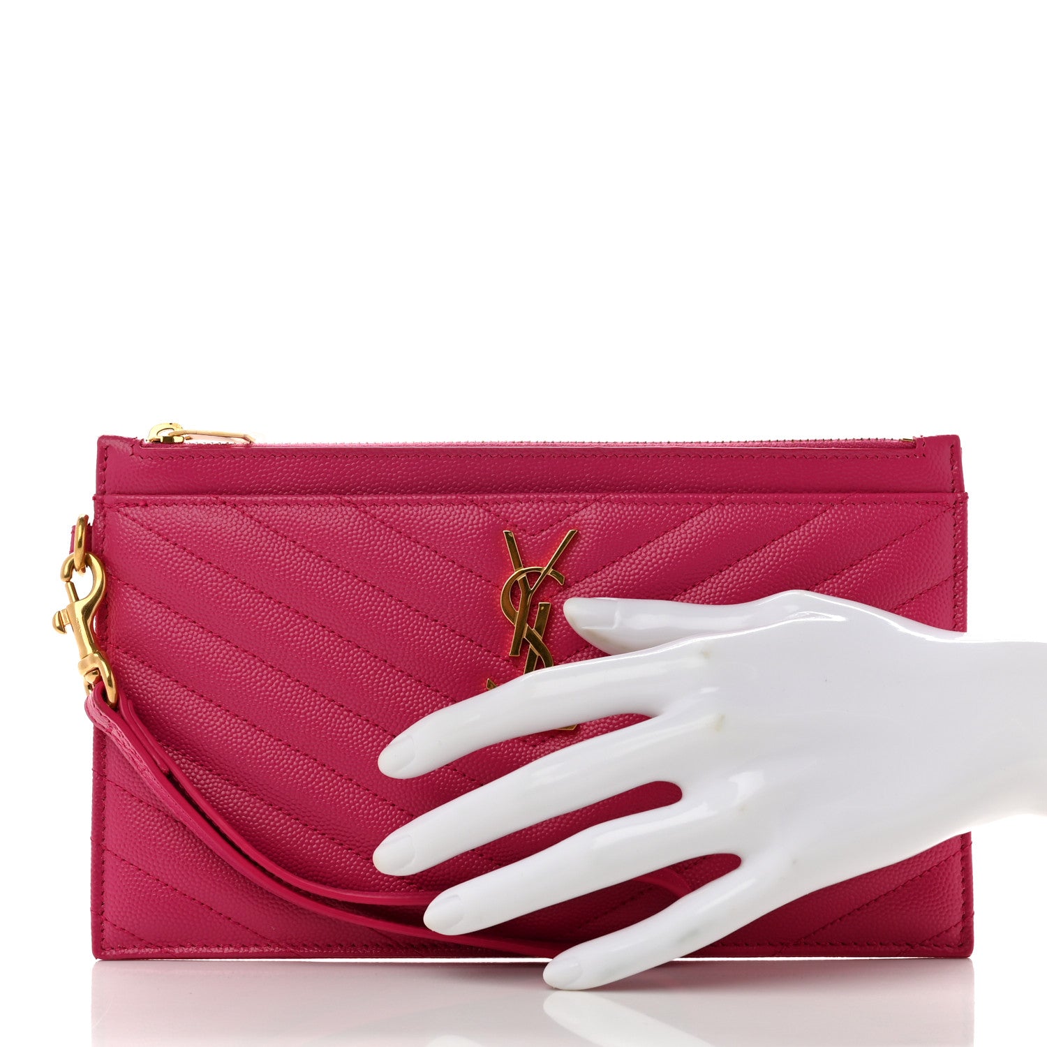 Saint Laurent Grain De Poudre Chevron Monogram Large Bill Pouch Fuxia Couture 2 of 7