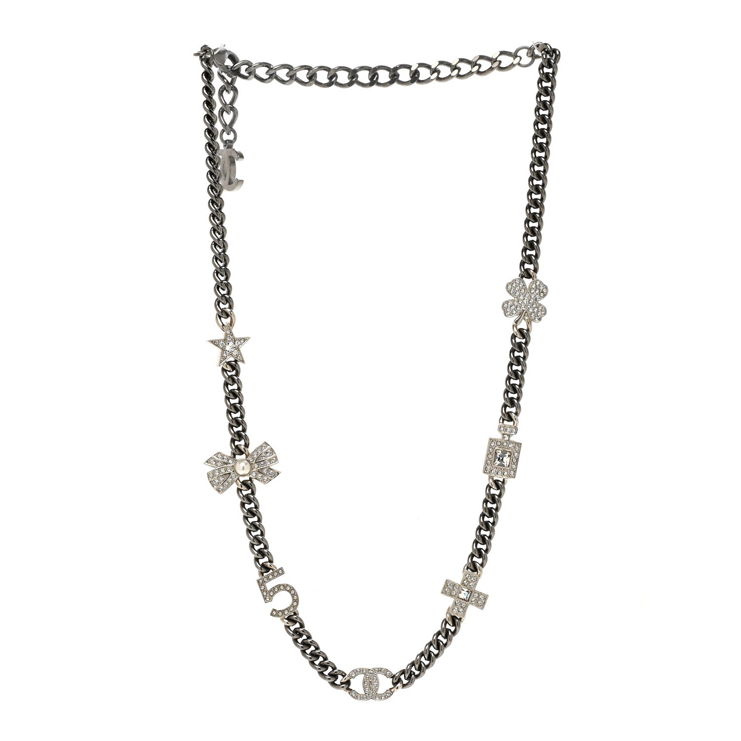 Chanel Pearl Crystal CC No 5 Perfume Bottle Choker Necklace Silver 3 of 4