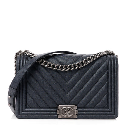 Chanel Caviar Chevron Quilted New Medium Boy Flap Dark Navy Blue 1 of 11
