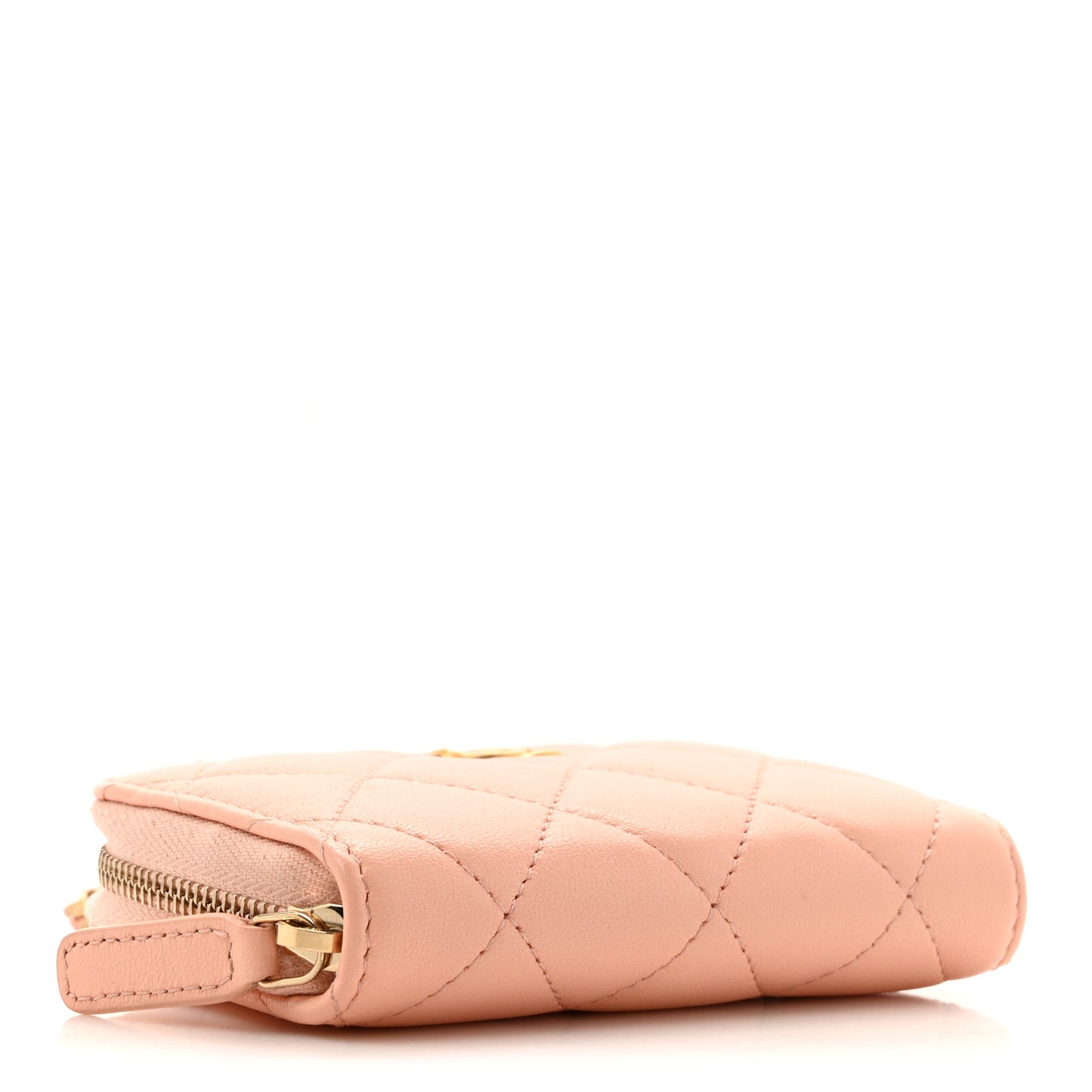 Lambskin Quilted CC Pearl Crush Zip Card Holder On Chain Pink