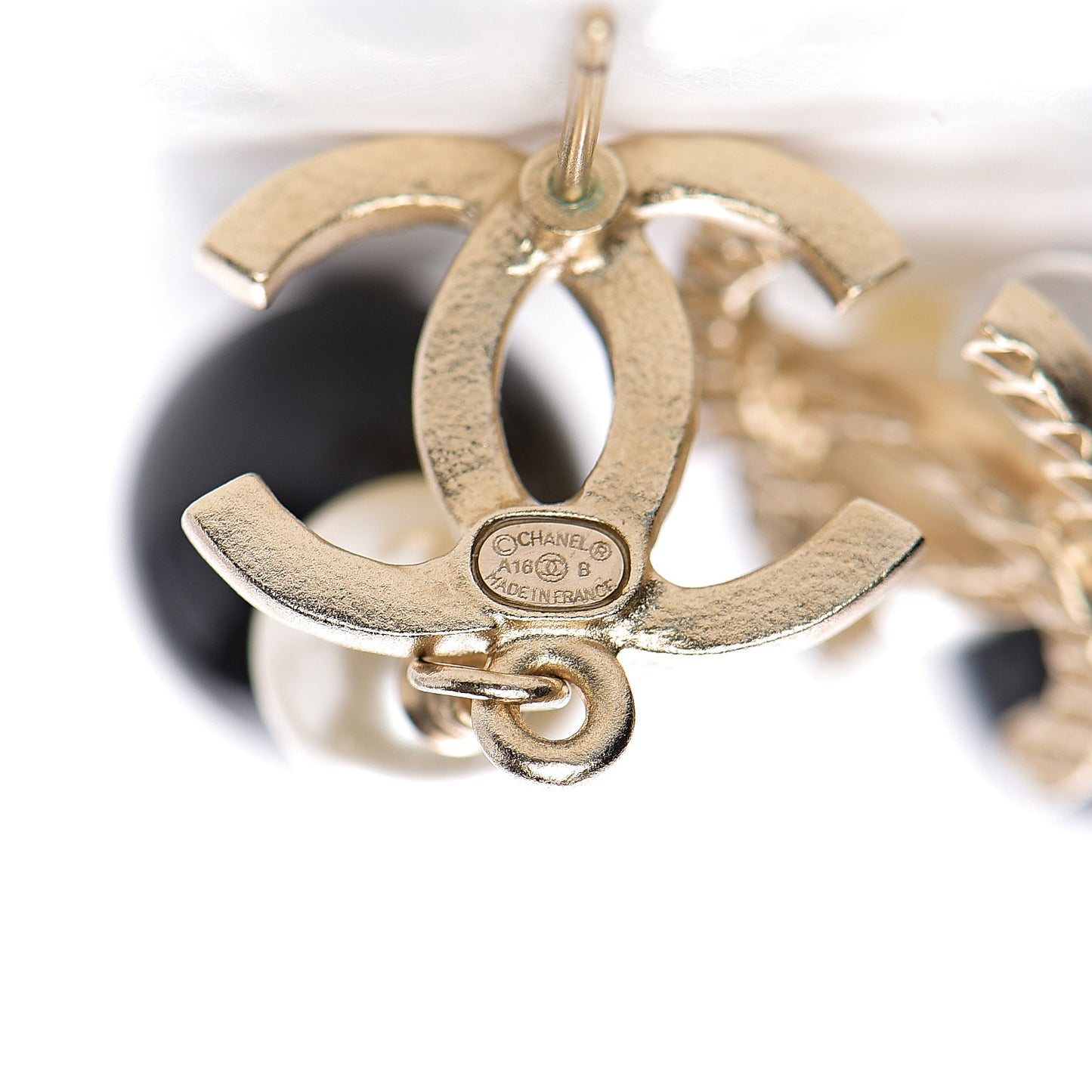 Pearl Bead CC Drop Earrings Black Gold