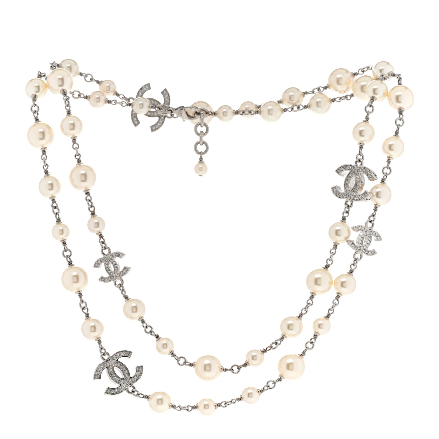 Crystal Pearl CC Long Necklace Silver