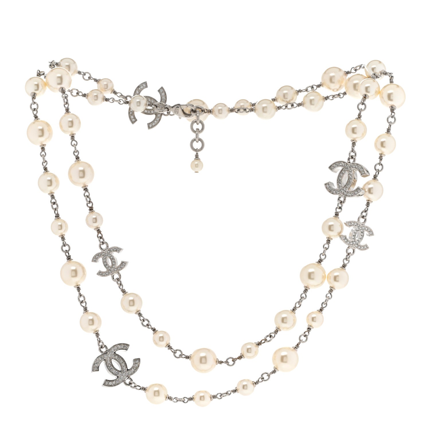Chanel Crystal Pearl CC Long Necklace Silver 3 of 7