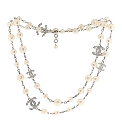 Chanel Crystal Pearl CC Long Necklace Silver 3 of 7