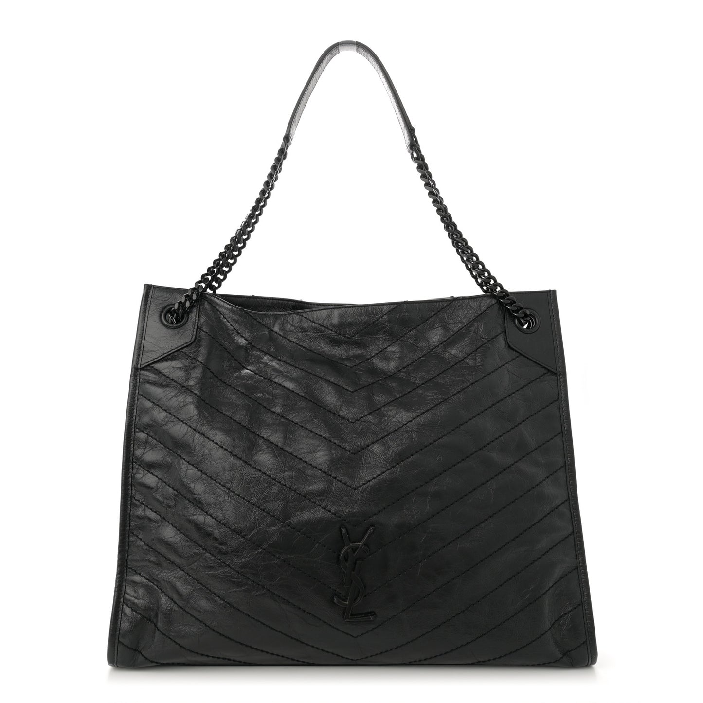 Crinkled Calfskin Matelasse Monogram Large Niki Shopper Tote Black