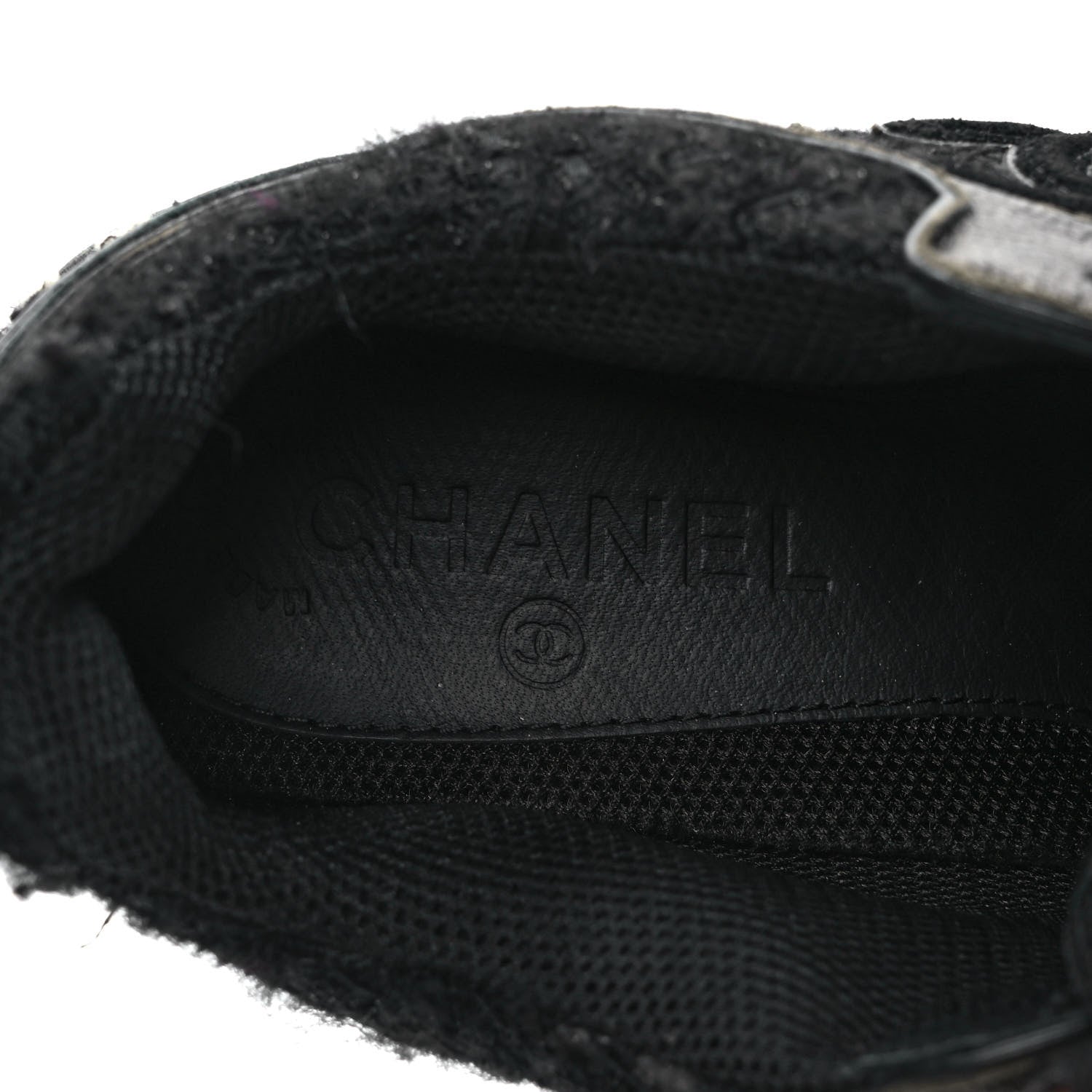 Chanel Tweed Suede Goatskin CC Sneakers 37.5 Black White 7 of 12
