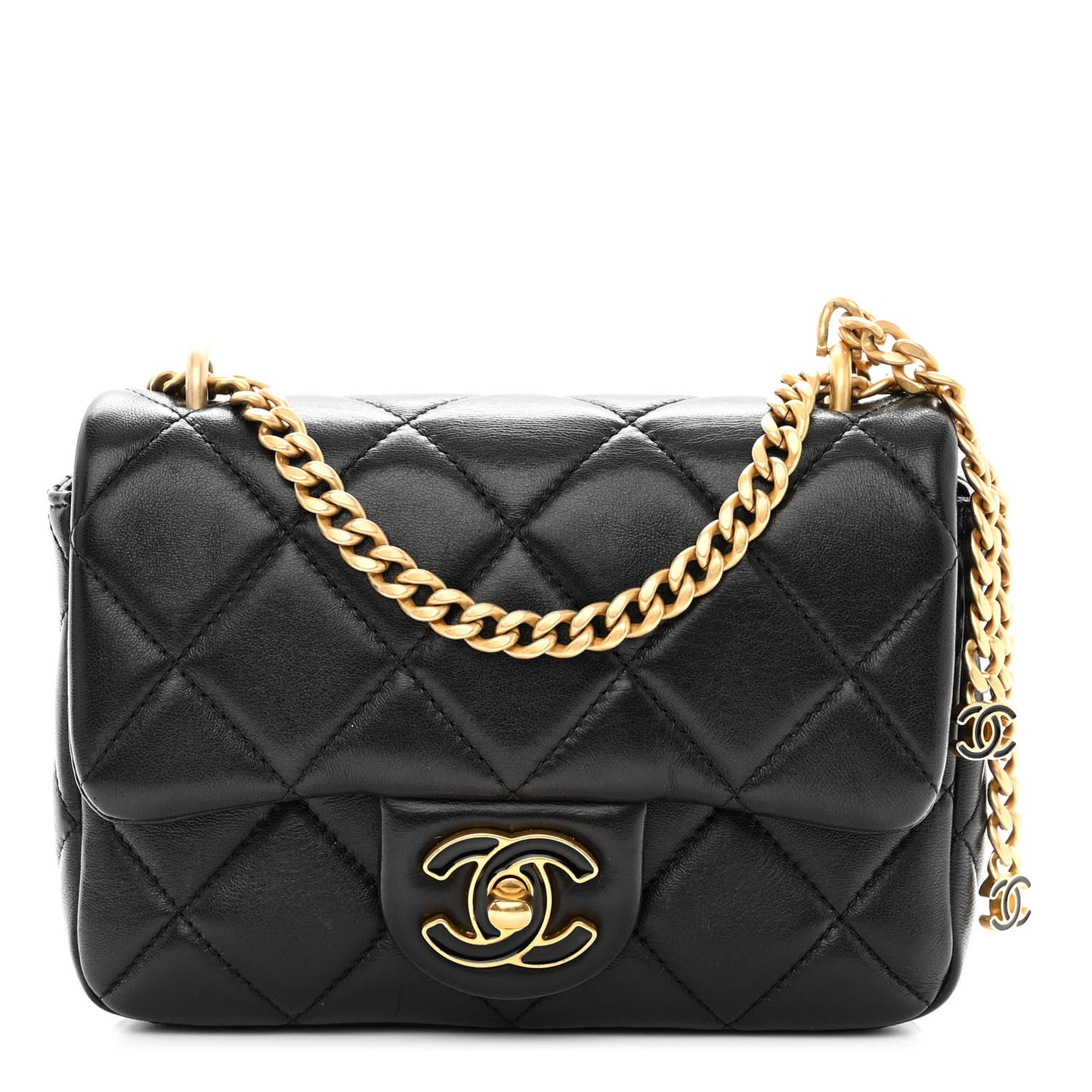Lambskin Enamel Quilted Mini Pending CC Square Flap Black