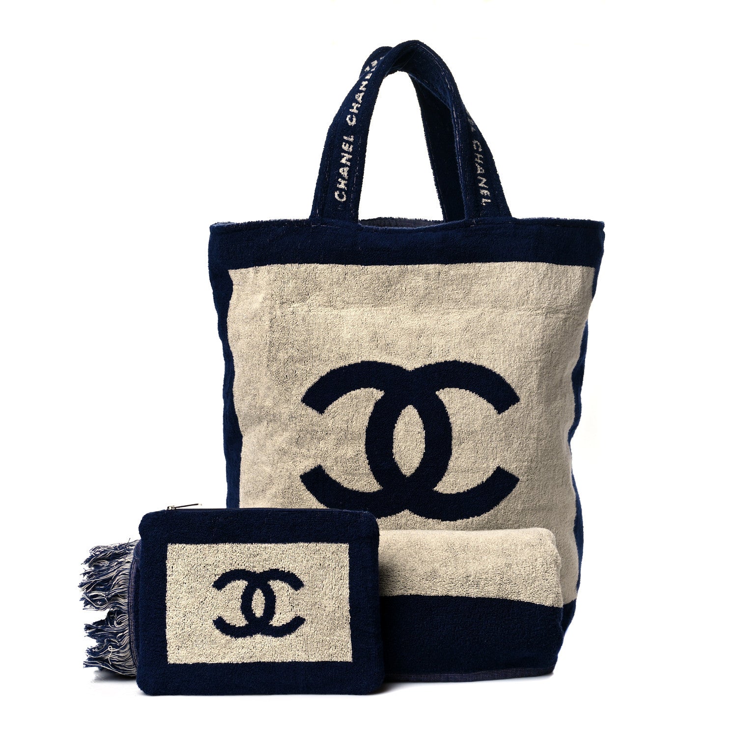 Chanel Terry Cotton CC Beach Tote Towel Set Navy Blue Beige 1 of 14