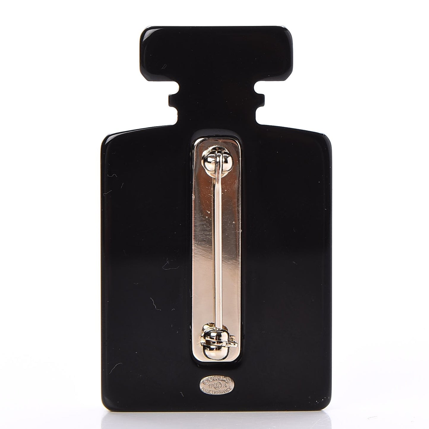 Resin Strass Perfume Bottle CC Brooch Black Gold