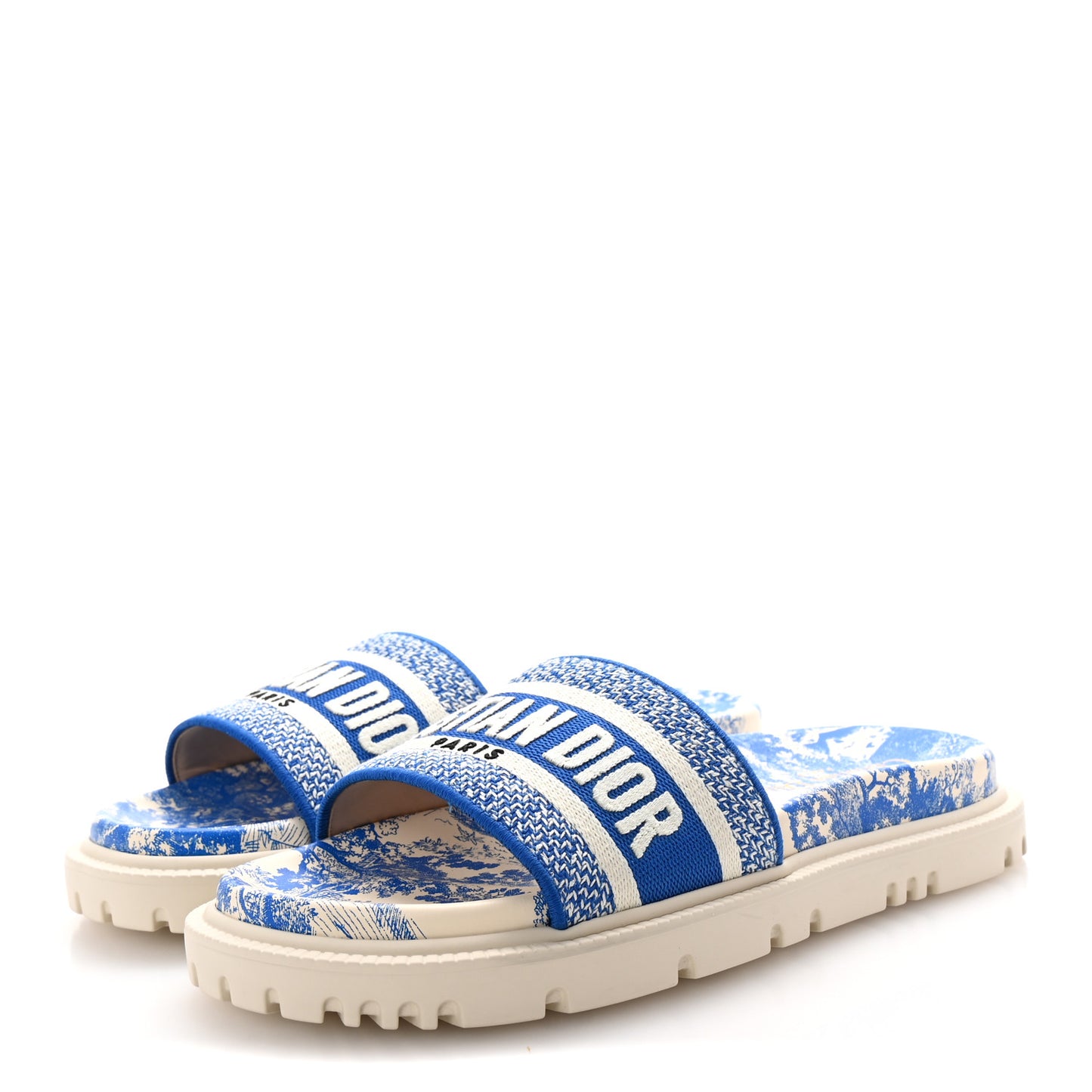 Canvas Fluo Toile de Jouy Embroidered Dway 10mm Slide Sandals 37.5 White Blue