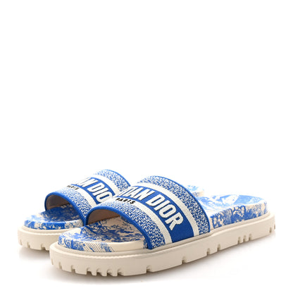 Christian Dior Canvas Fluo Toile de Jouy Embroidered Dway 10mm Slide Sandals 37.5 White Blue 4 of 10