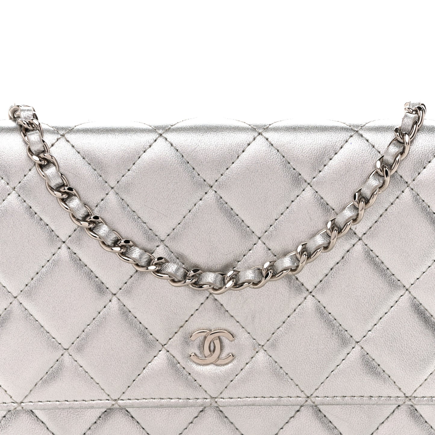 Metallic Lambskin Quilted Wallet On Chain WOC Silver