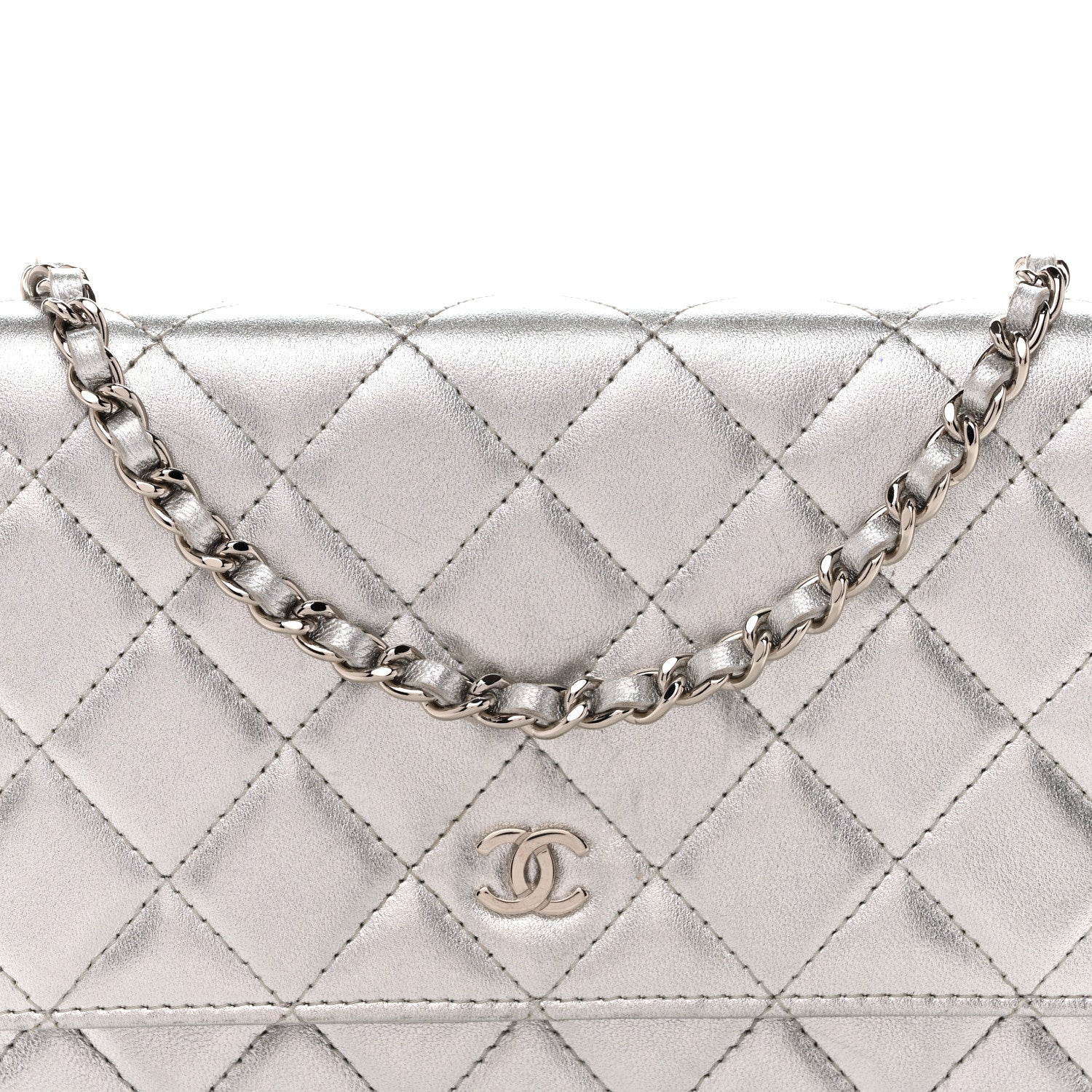 Chanel Metallic Lambskin Quilted Wallet On Chain WOC Silver 9 of 14