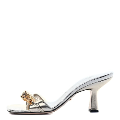 Gucci Metallic Nappa Dora Tiger Head Mid Heel Slide Sandals 37 Platino 1 of 7