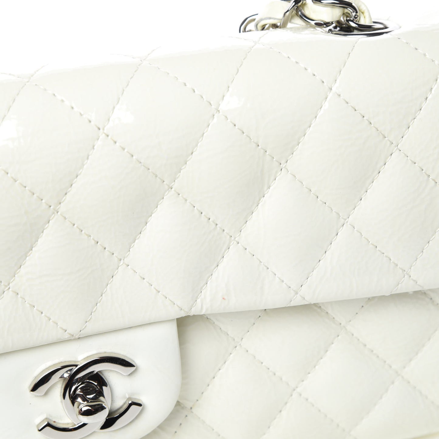 Distressed Patent Calfskin Quilted East West Flap White