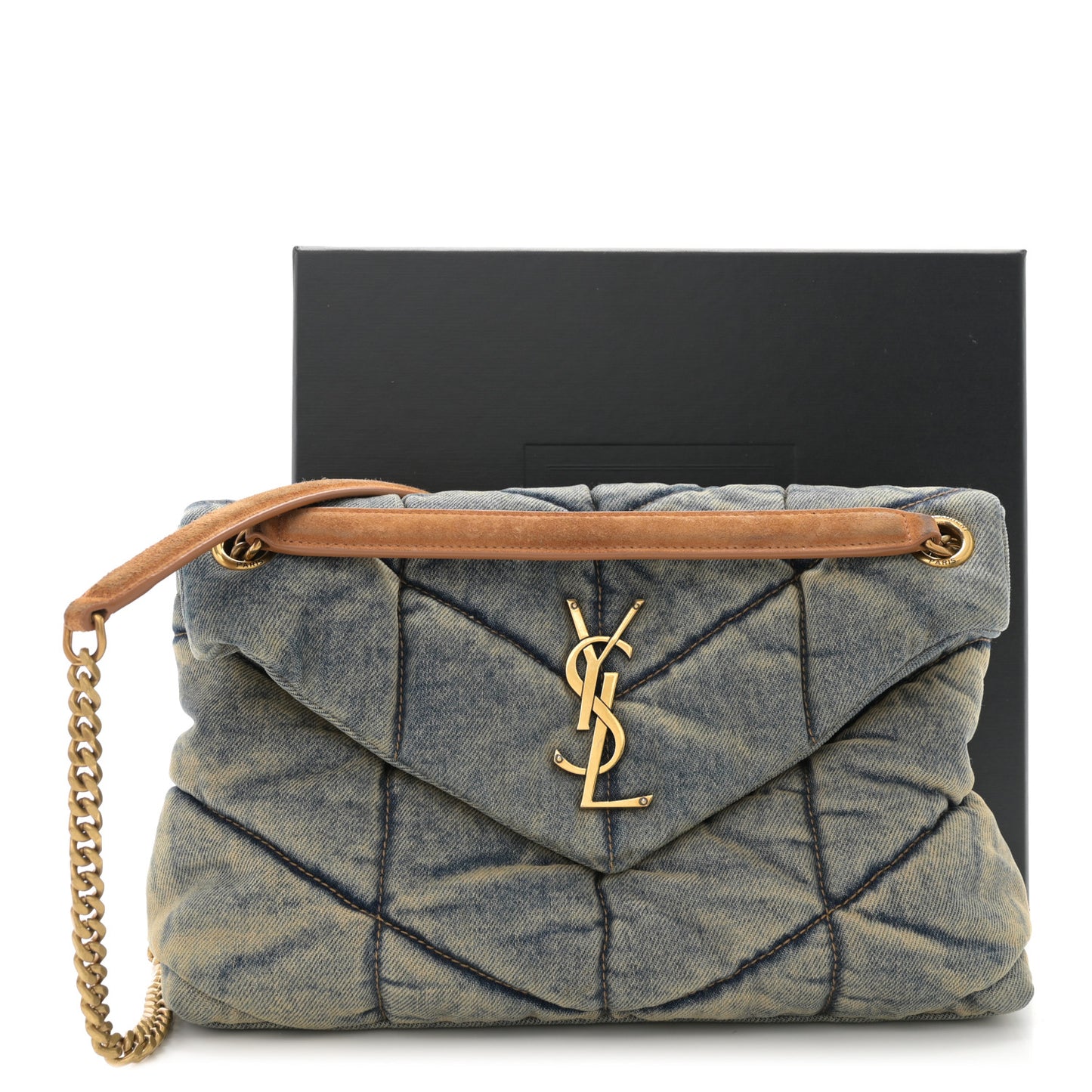 Denim Quilted Small Loulou Puffer Monogram Chain Satchel Blue Cinnamon