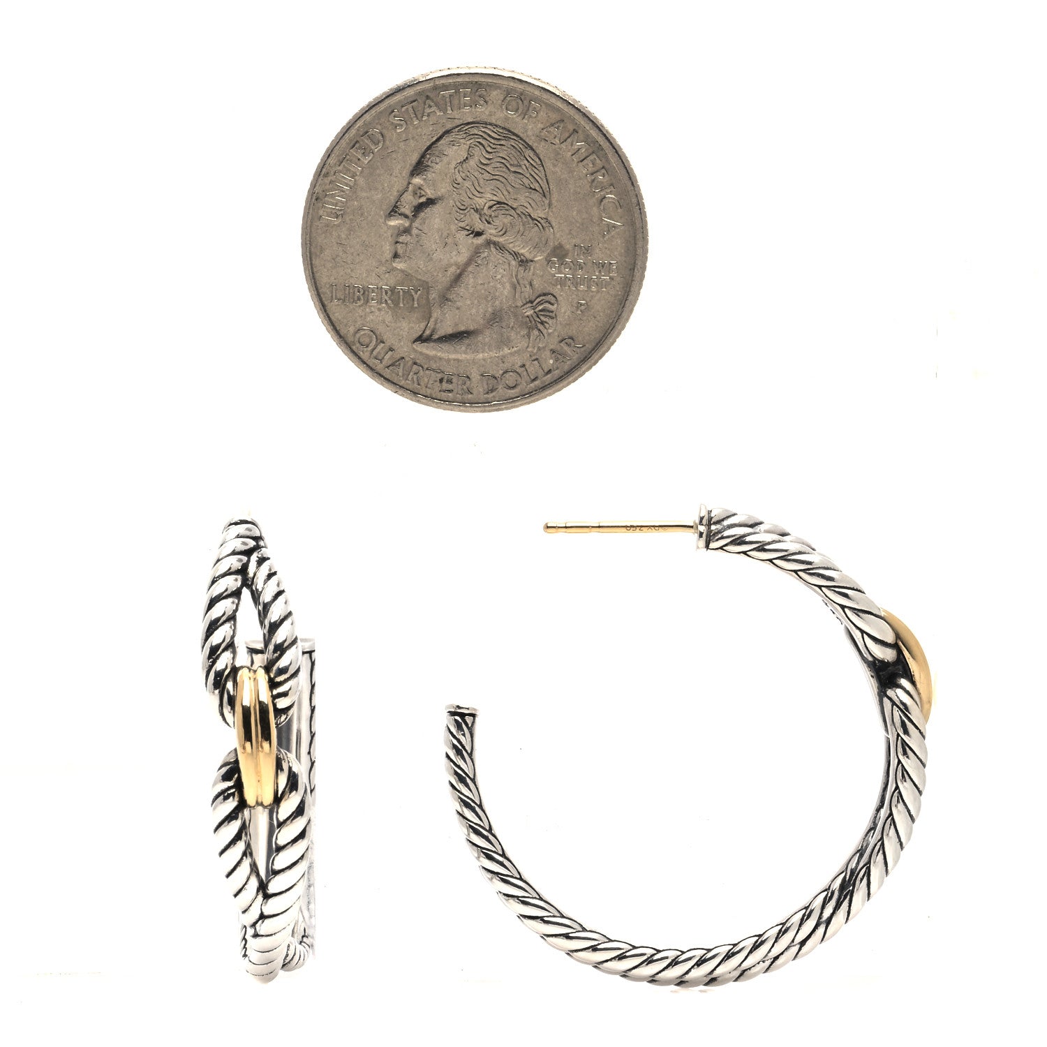 David Yurman Sterling Silver 18K Yellow Gold 34.5mm Cable Loop Hoop Earrings 2 of 4