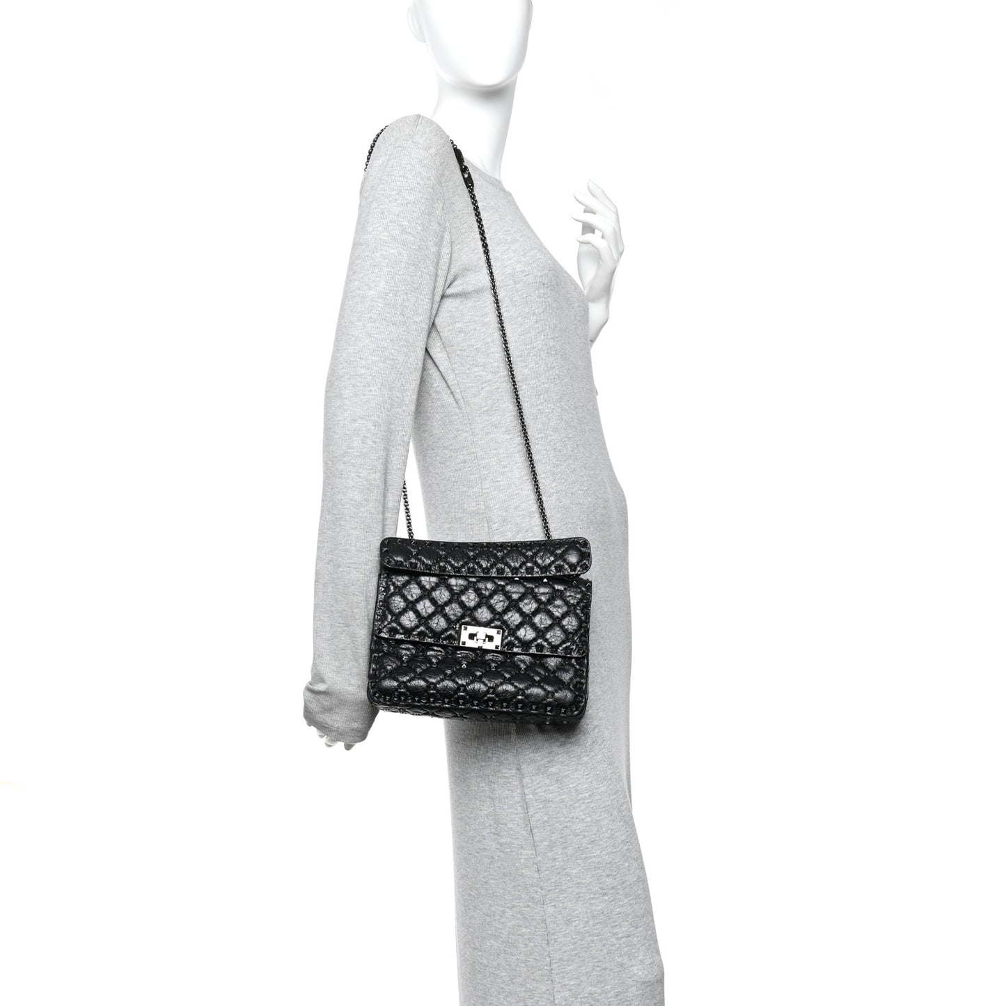 Craquele Nappa Medium Rockstud Spike Shoulder Bag Black