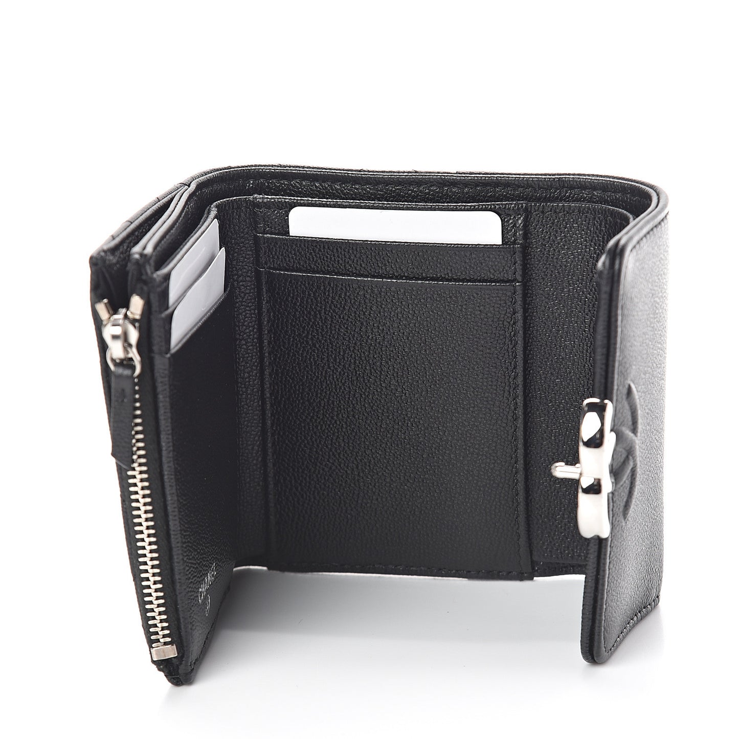 Grained Calfskin Quilted CC Box Compact Flap Wallet Black