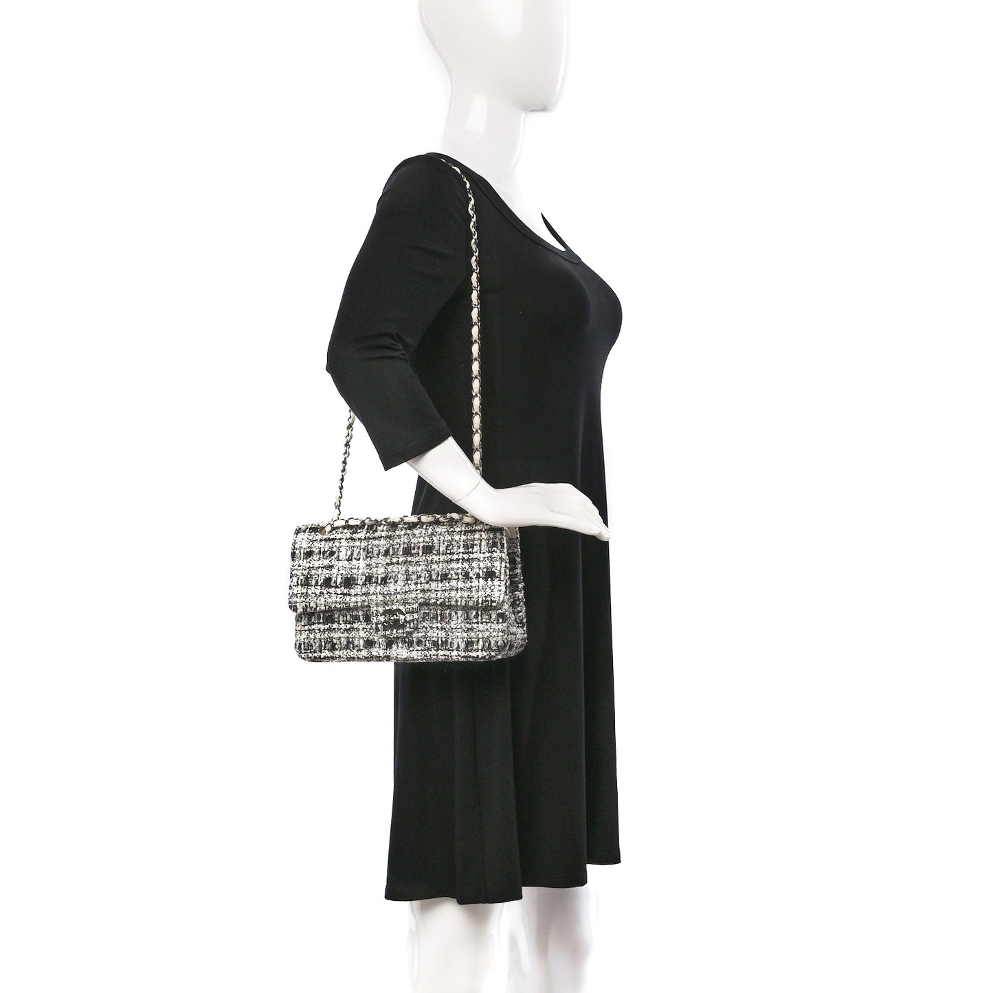 Tweed Quilted Medium Double Flap Black White Ecru
