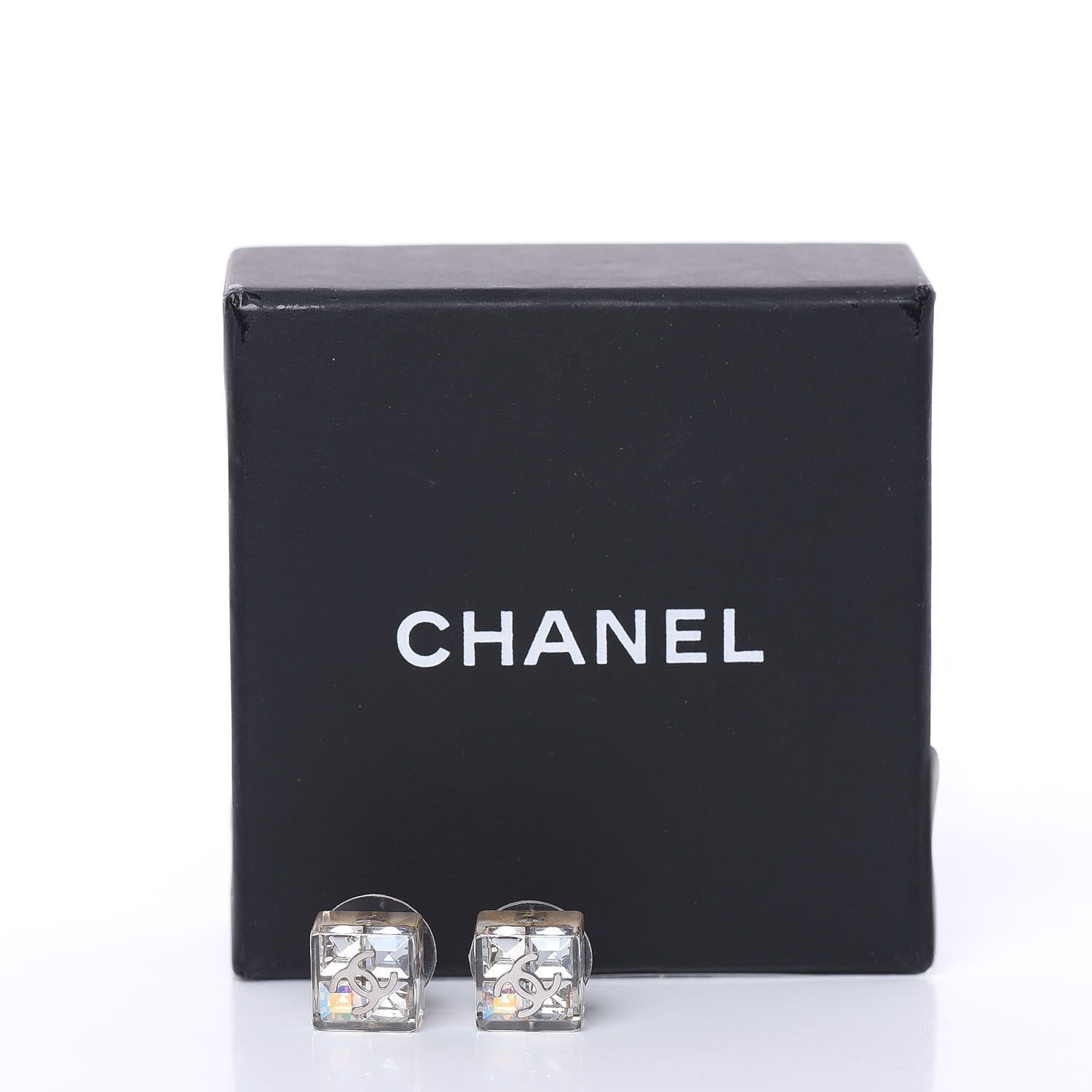 Chanel Transparent Resin Iridescent Crystal CC Cube Earrings Silver 5 of 5