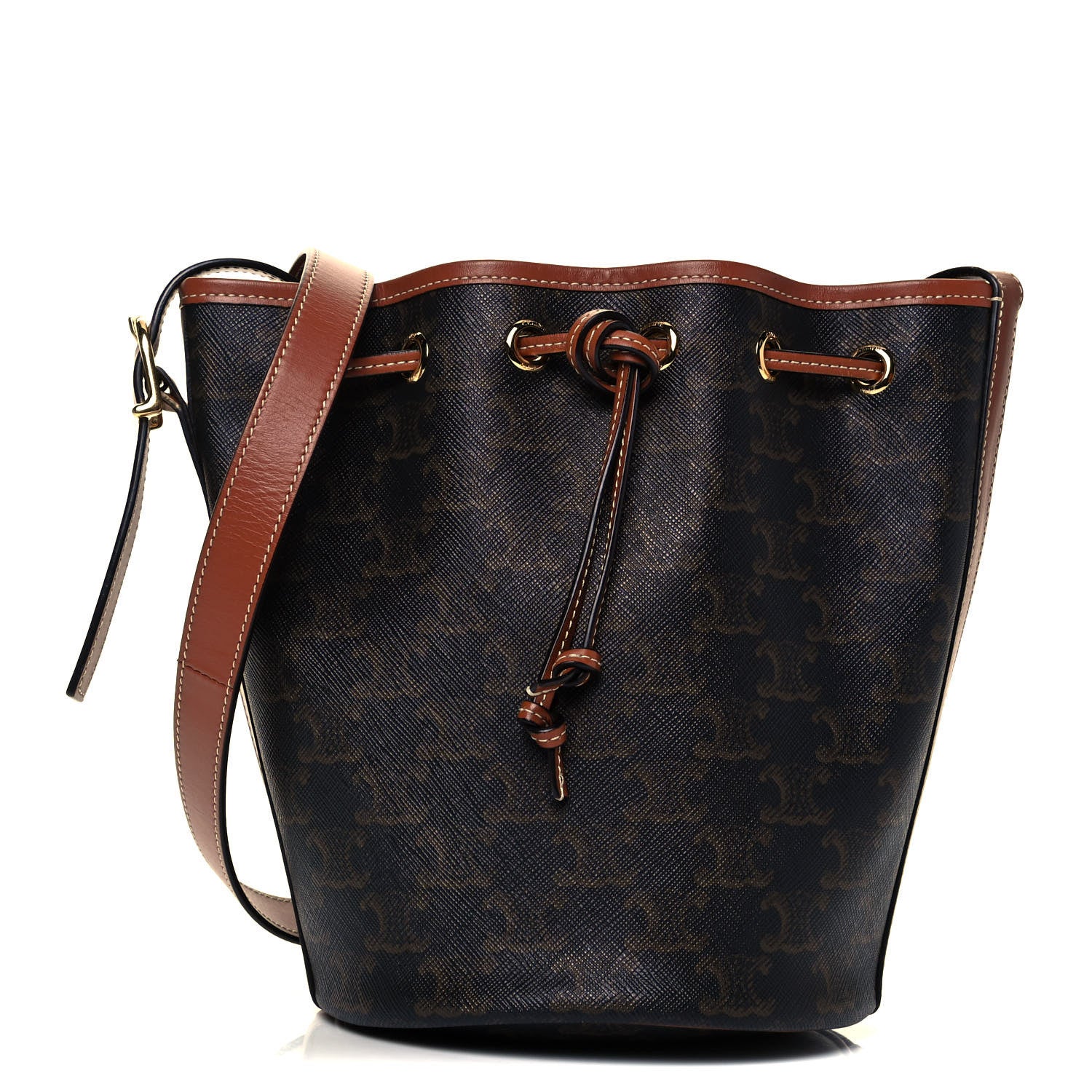 Celine Triomphe Canvas Calfskin Small Drawstring Bucket Bag Tan 1 of 9