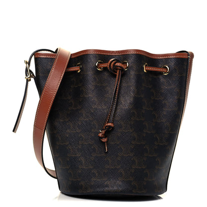 Celine Triomphe Canvas Calfskin Small Drawstring Bucket Bag Tan 1 of 9