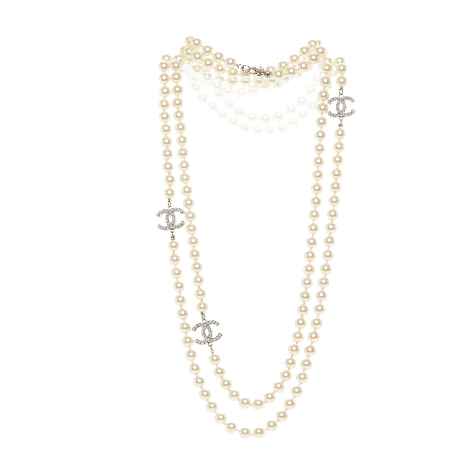 Chanel Pearl CC Long Necklace Silver 3 of 5