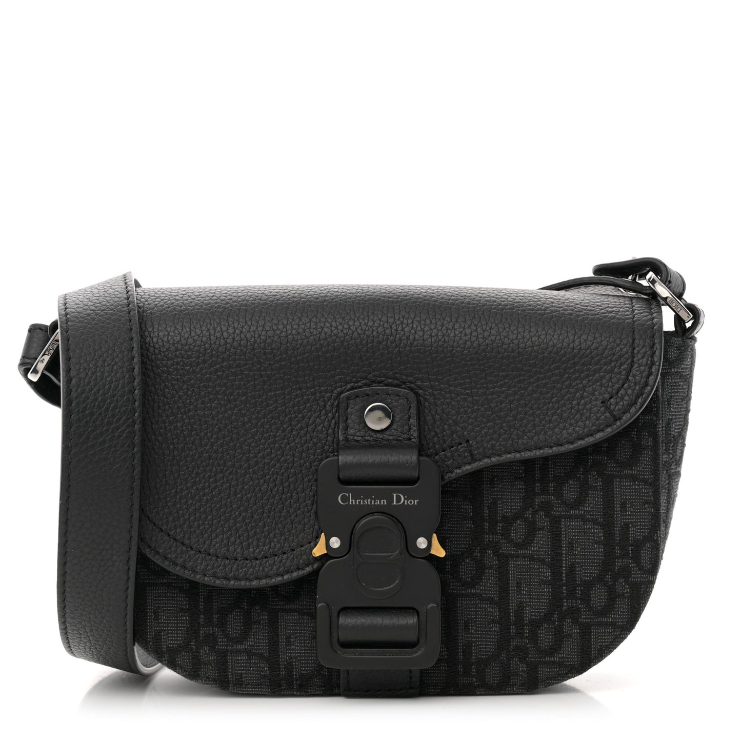 Oblique Jacquard Grained Calfskin Mini Saddle Messenger Bag With Flap Black
