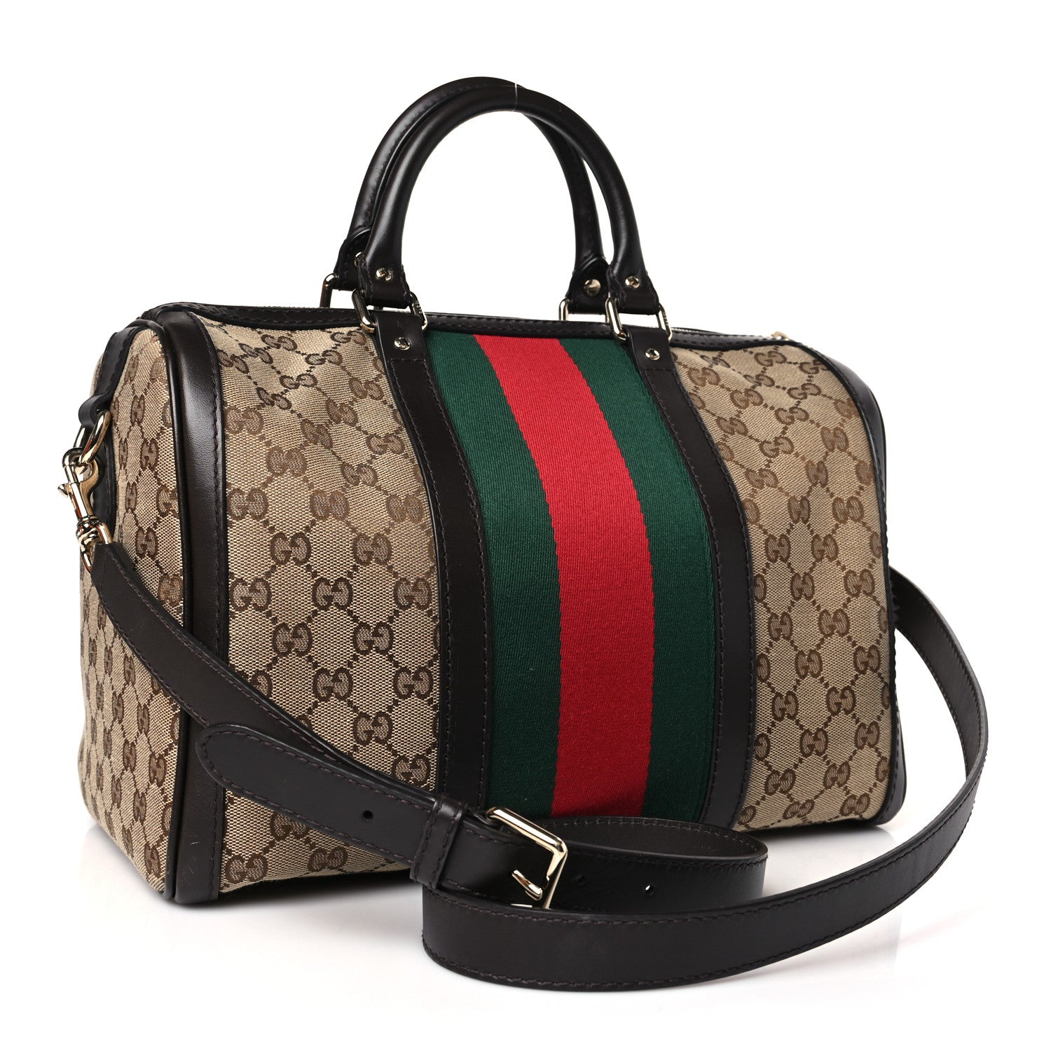 Gucci Monogram Selleria Calfskin Vintage Web Medium Boston Beige Ebony Cocoa 3 of 9