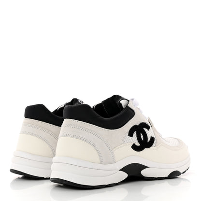 Chanel Mesh Suede Calfskin Grained Calfskin Womens CC Sneakers 37.5 White Black 4 of 10