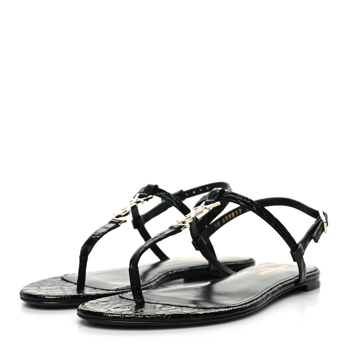 Calfskin Crocodile Embossed Cassandra Monogram Sandals 38.5 Black