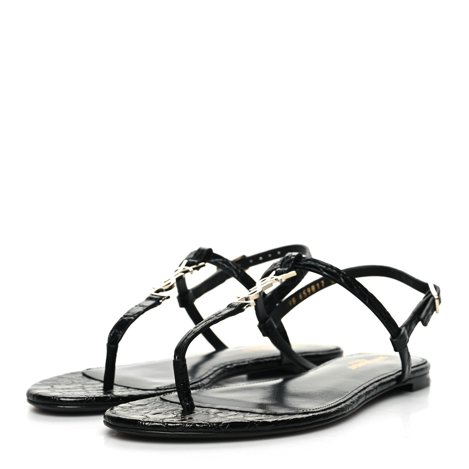 Saint Laurent Calfskin Crocodile Embossed Cassandra Monogram Sandals 38.5 Black 3 of 9