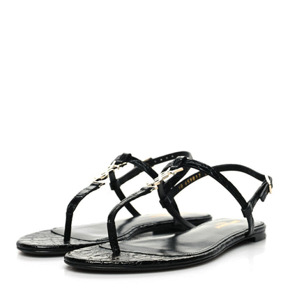 Saint Laurent Calfskin Crocodile Embossed Cassandra Monogram Sandals 38.5 Black 3 of 9
